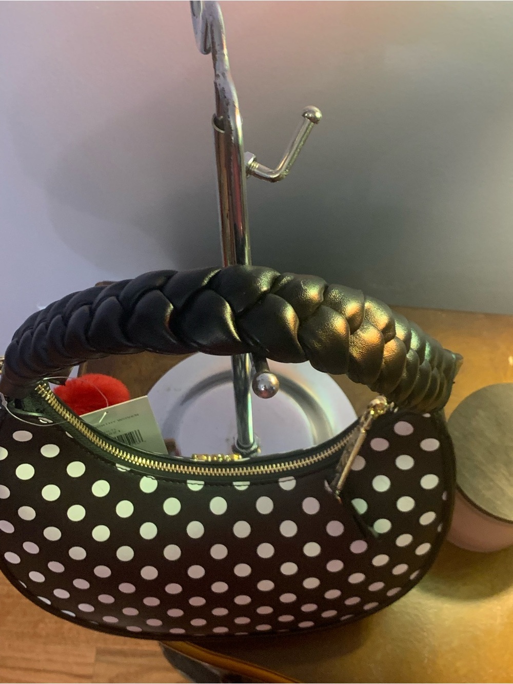 Betsey Johnson Black & White Polka Dot Crescent Satchel with Red Pom Pom - Picture 9 of 13